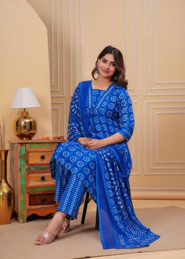 Beautiful Indigo Print Kurti with matching pant and dupatta set - Image 6